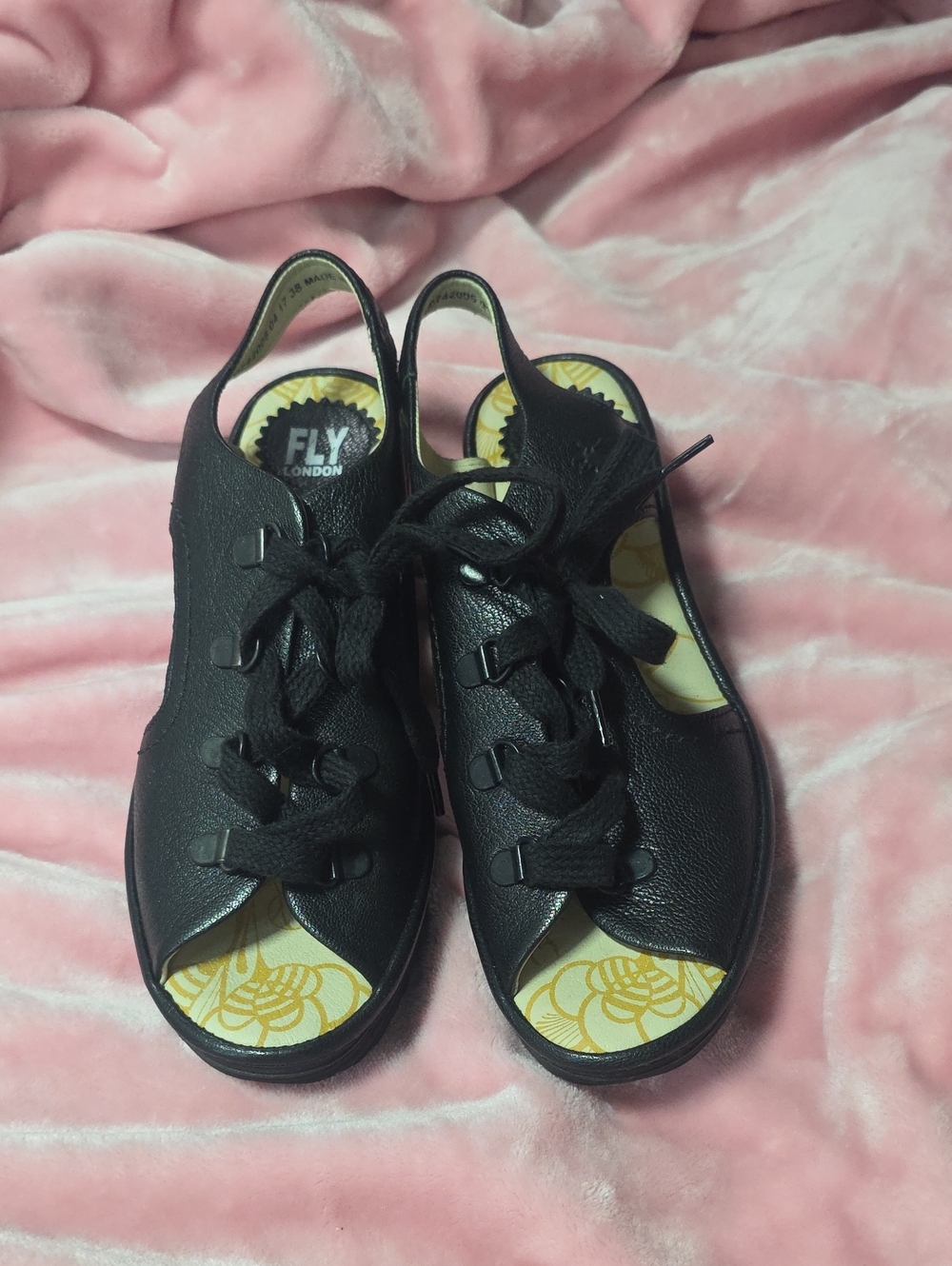 Fly London EU 38/7.5 Black Leather Lace Up Wedge Sandals used 1X euc Peep Toe